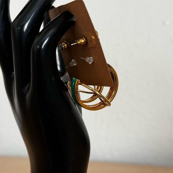 Vintage Gold & Green Hoop Knot Stud Earring Set of 2 Elegant Jewelry - Picture 7 of 7